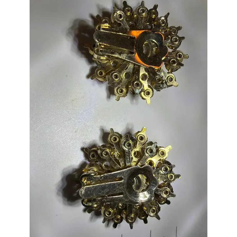 Vintage AB Rhinestone Clip On Earrings Aurora Borealis Starburst Gold Tone Round